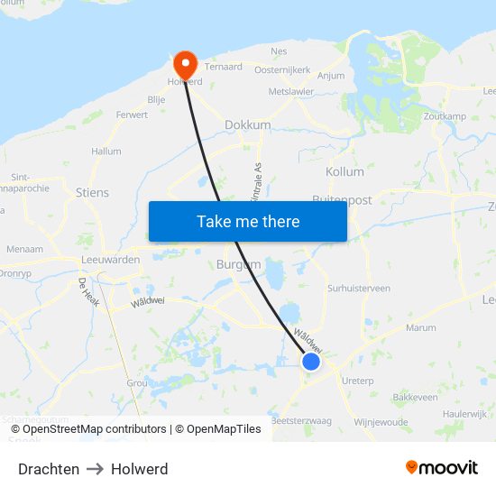 Drachten to Holwerd map