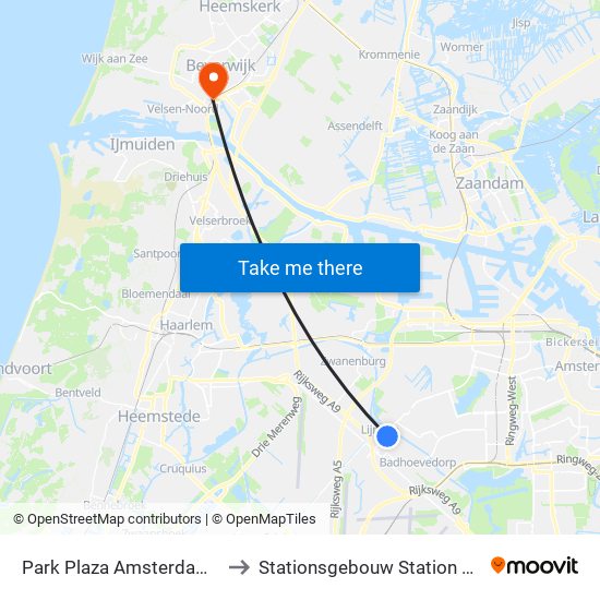 Park Plaza Amsterdam Airport to Stationsgebouw Station Beverwijk map