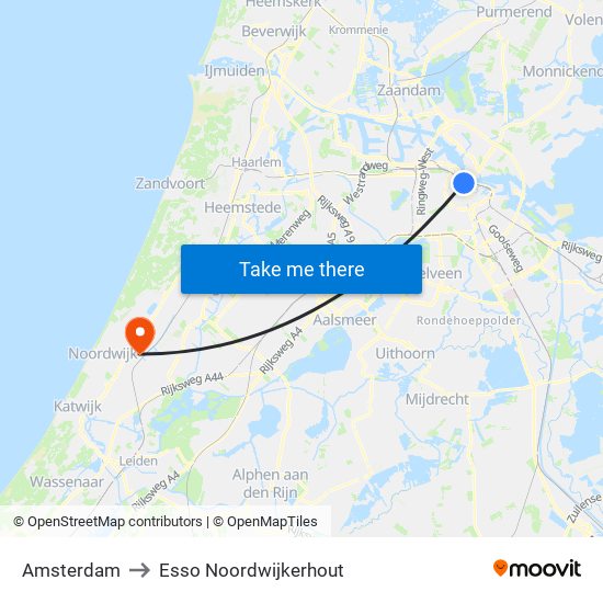 Amsterdam to Esso Noordwijkerhout map