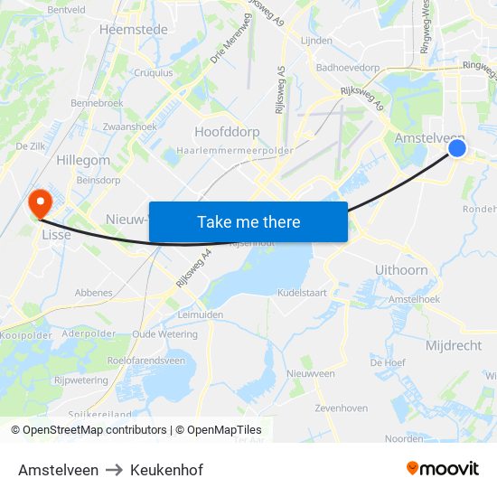 Amstelveen to Keukenhof map