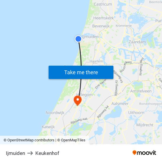 Ijmuiden to Keukenhof map