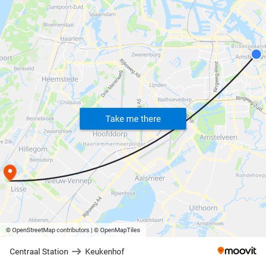 Centraal Station to Keukenhof map