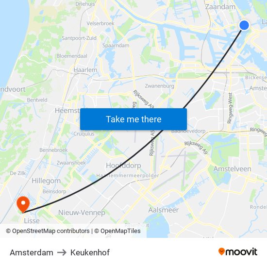 Amsterdam to Keukenhof map