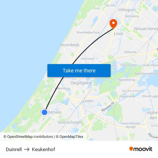 Duinrell to Keukenhof map