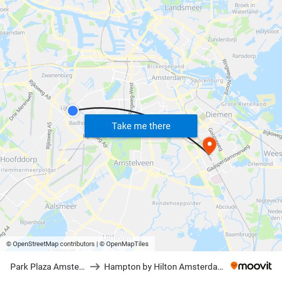 Park Plaza Amsterdam Airport to Hampton by Hilton Amsterdam / Arena Boulevard map