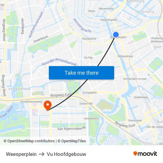 Weesperplein to Vu Hoofdgebouw map