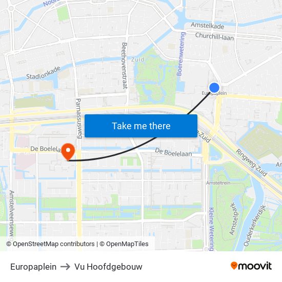 Europaplein to Vu Hoofdgebouw map