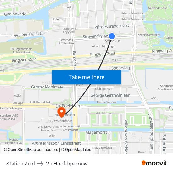 Station Zuid to Vu Hoofdgebouw map