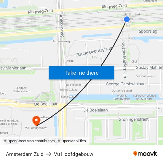 Amsterdam Zuid to Vu Hoofdgebouw map