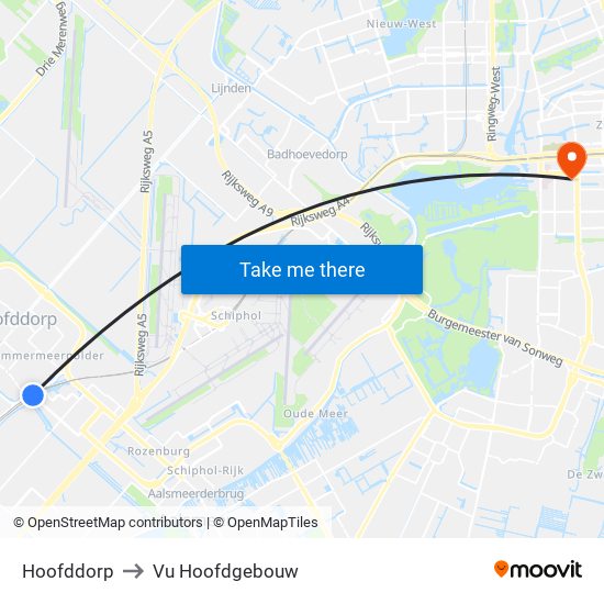 Hoofddorp to Vu Hoofdgebouw map