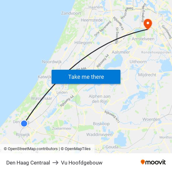 Den Haag Centraal to Vu Hoofdgebouw map