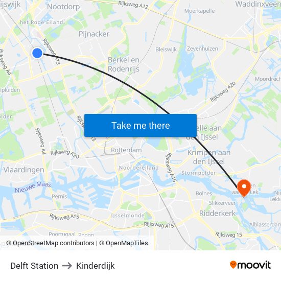 Delft Station to Kinderdijk map