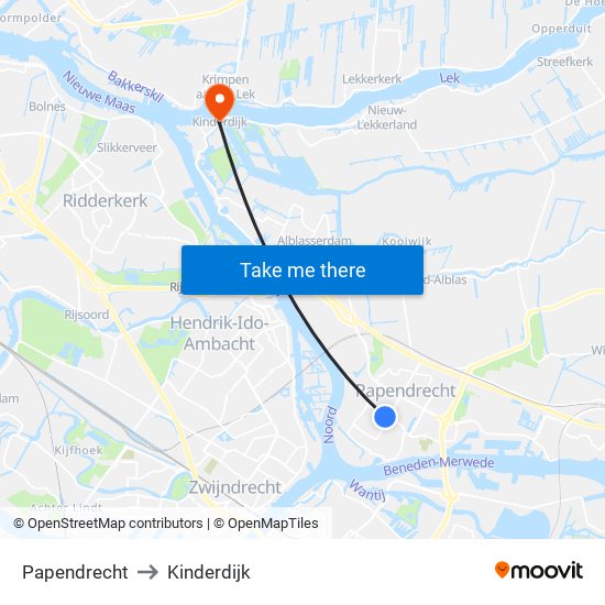 Papendrecht to Kinderdijk map