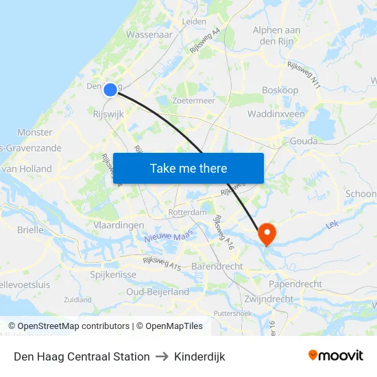 Den Haag Centraal Station to Kinderdijk map