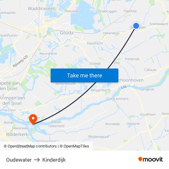 Oudewater to Kinderdijk map