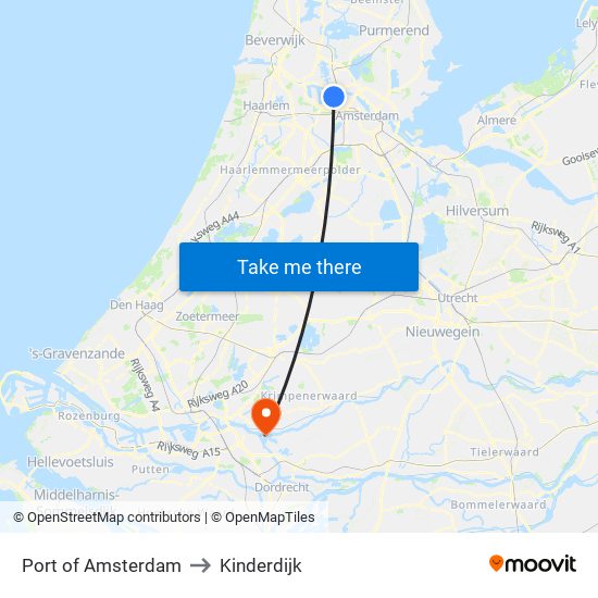Port of Amsterdam to Kinderdijk map