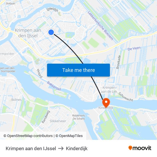 Krimpen aan den IJssel to Kinderdijk map