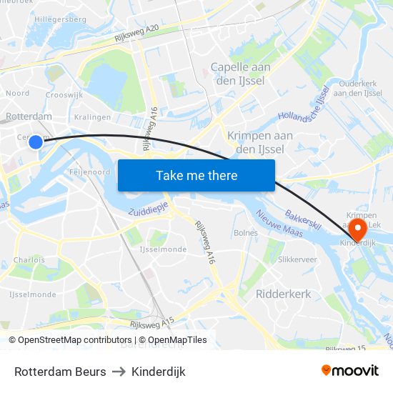 Rotterdam Beurs to Kinderdijk map