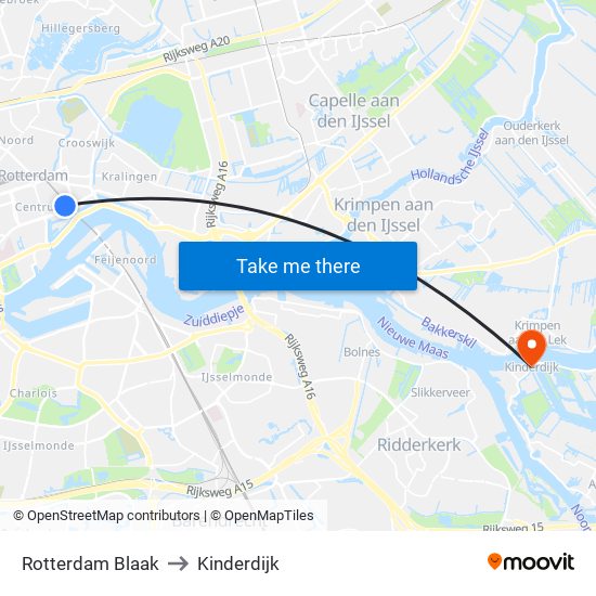 Rotterdam Blaak to Kinderdijk map