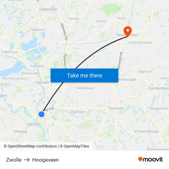 Zwolle to Hoogeveen map