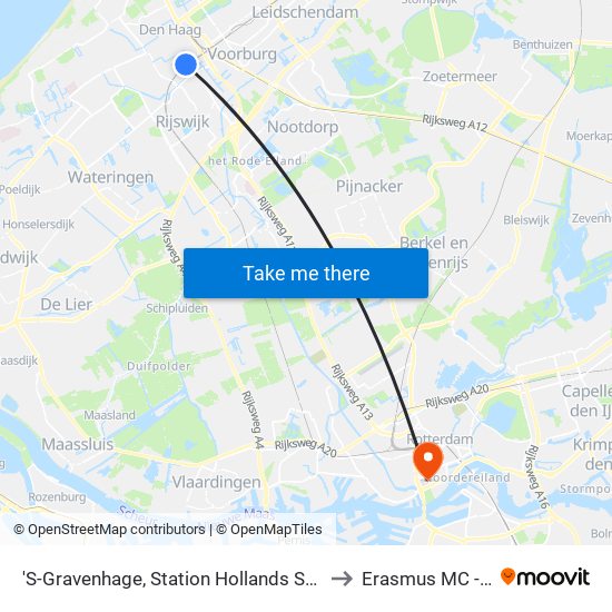 'S-Gravenhage, Station Hollands Spoor (Perron A) to Erasmus MC - Sophia map
