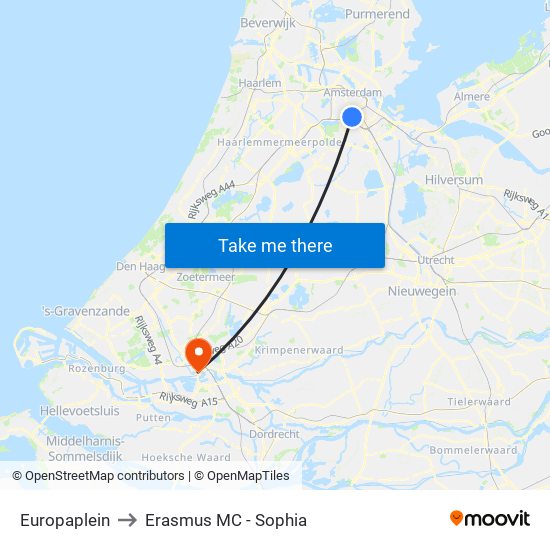 Europaplein to Erasmus MC - Sophia map