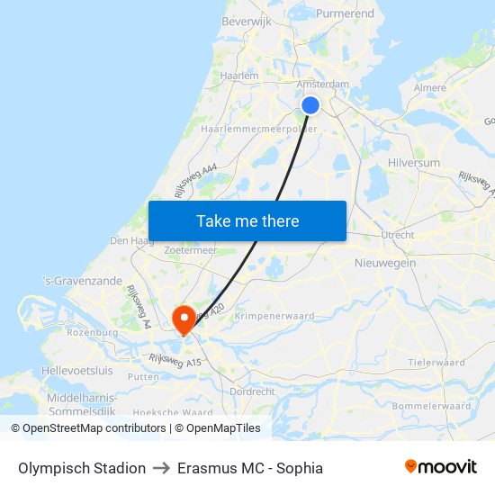 Olympisch Stadion to Erasmus MC - Sophia map