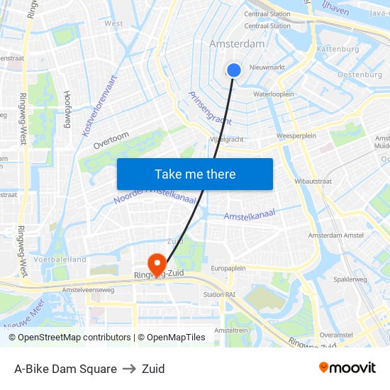 A-Bike Dam Square to Zuid map