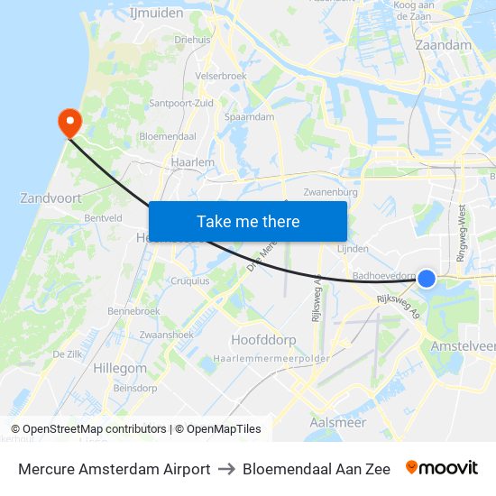 Mercure Amsterdam Airport to Bloemendaal Aan Zee map