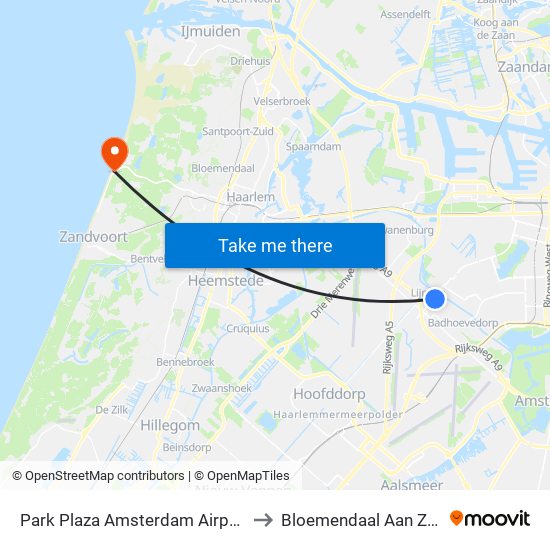 Park Plaza Amsterdam Airport to Bloemendaal Aan Zee map