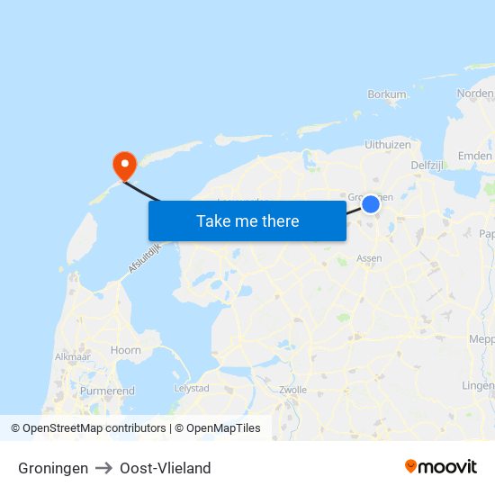 Groningen to Oost-Vlieland map