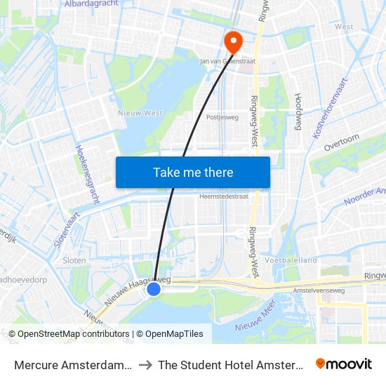 Mercure Amsterdam Airport to The Student Hotel Amsterdam West map