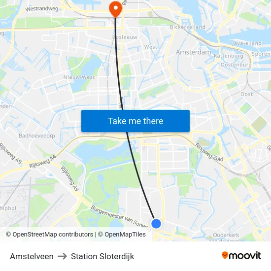 Amstelveen to Station Sloterdijk map