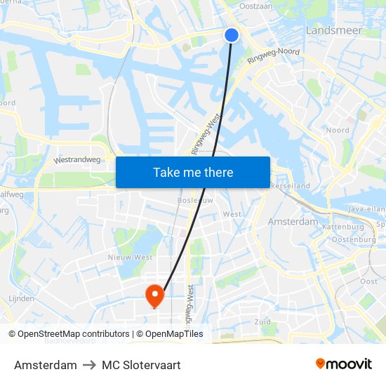 Amsterdam to MC Slotervaart map