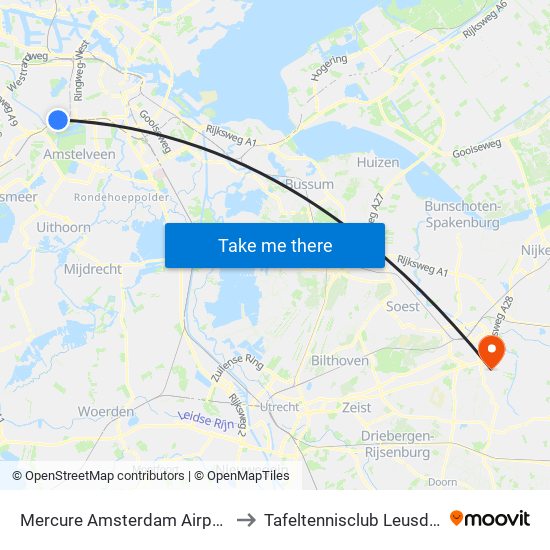 Mercure Amsterdam Airport to Tafeltennisclub Leusden map