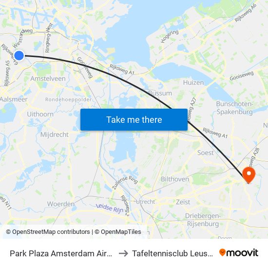 Park Plaza Amsterdam Airport to Tafeltennisclub Leusden map