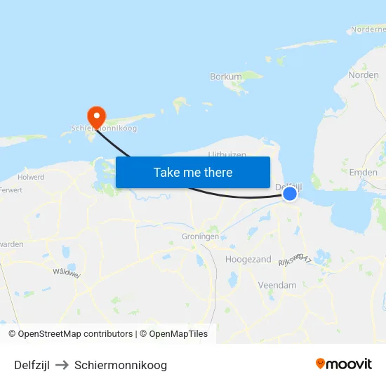 Delfzijl to Schiermonnikoog map