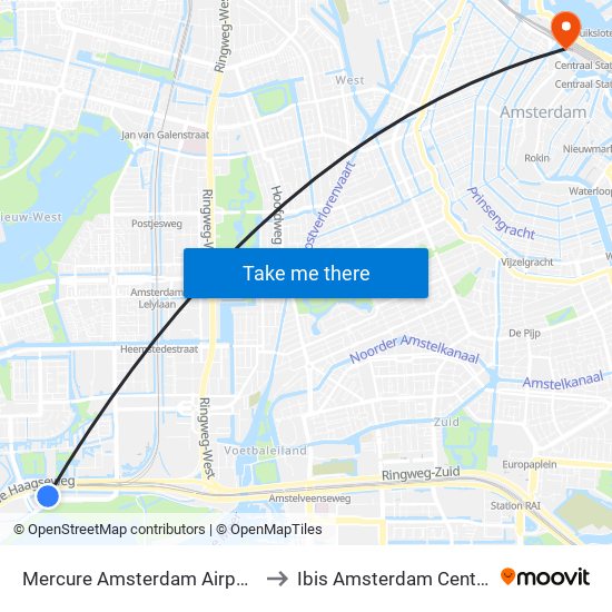 Mercure Amsterdam Airport to Ibis Amsterdam Centre map