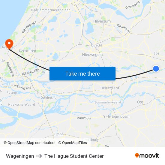 Wageningen to The Hague Student Center map