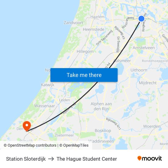 Station Sloterdijk to The Hague Student Center map