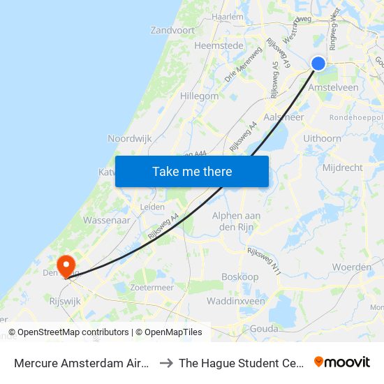 Mercure Amsterdam Airport to The Hague Student Center map