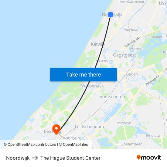 Noordwijk to The Hague Student Center map