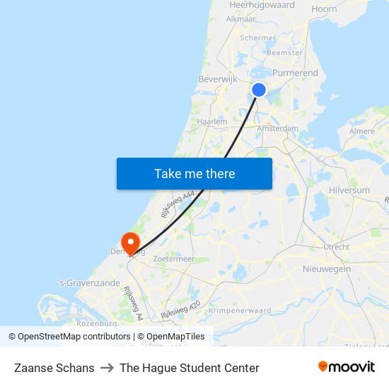 Zaanse Schans to The Hague Student Center map