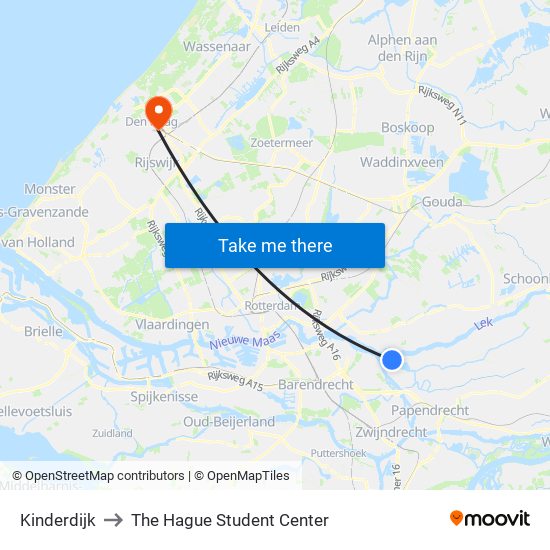 Kinderdijk to The Hague Student Center map