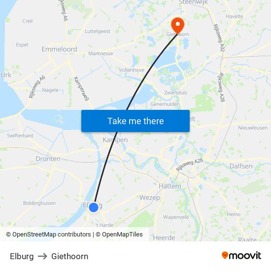 Elburg to Giethoorn map