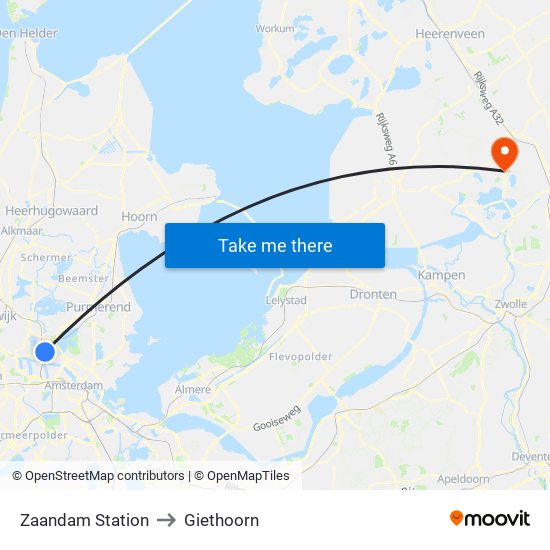 Zaandam Station to Giethoorn map