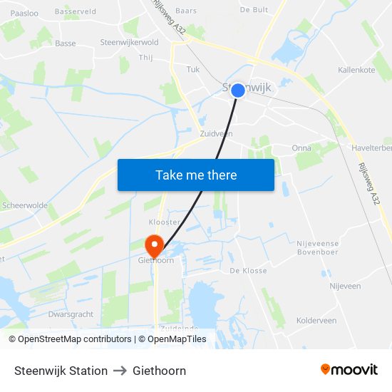 Steenwijk Station to Giethoorn map