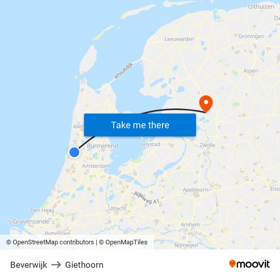 Beverwijk to Giethoorn map