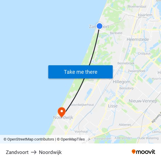 Zandvoort to Noordwijk map