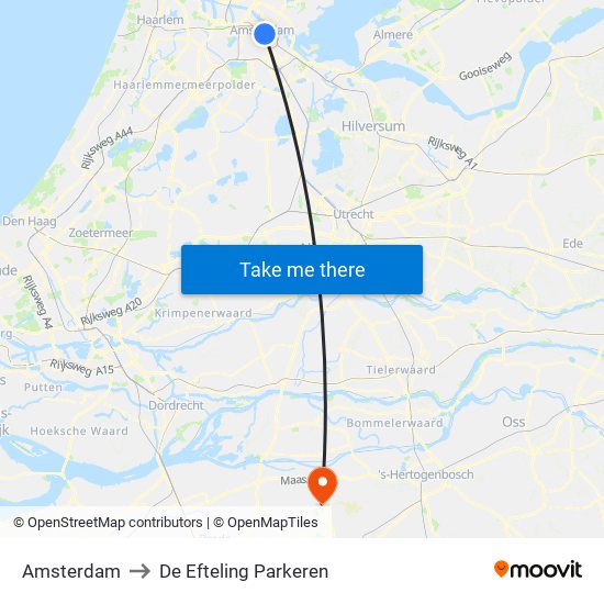 Amsterdam to De Efteling Parkeren map